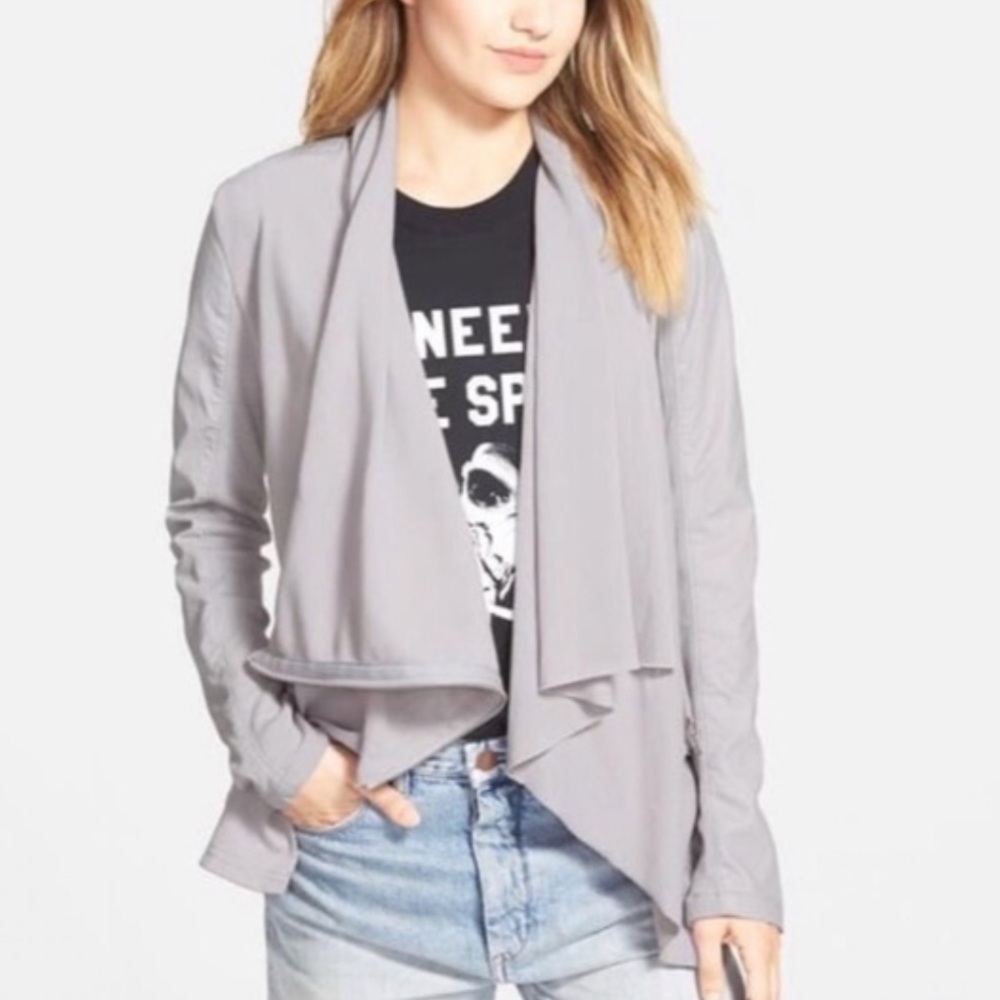 NWT BlankNYC Private Practice Draped Faux Leather Mixed Media Jacket in Grey